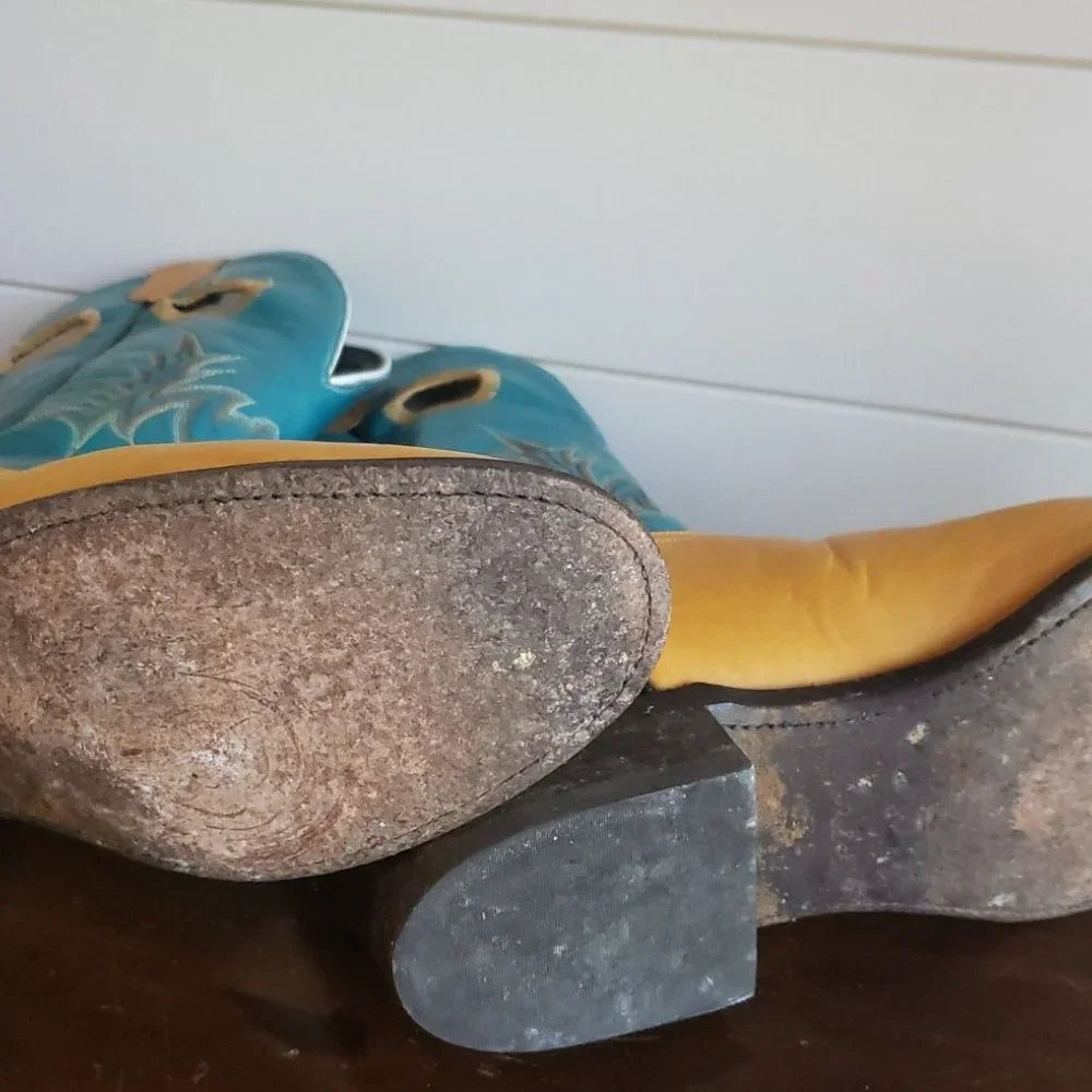 Tony Lama Womens Vintage 8.5 M Turquoise and Goldenrod with Black Accent Boots - Picture 6 of 6